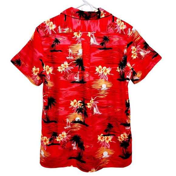 Mens Red Hawaiian Short Sleeve Button-Up Shirt With Tropical Print Size M - Picture 2 of 7